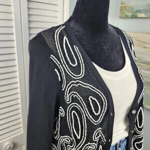 Neiman Marcus Black Cardigan M Beaded Silk Blend Summer Knit